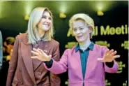  ?? AP PHOTO/MARKUS SCHREIBER ?? First Lady of Ukraine Olena Zelenska, left, and EU Commission President Ursula von der Leyen attend a session Tuesday at the World Economic Forum in Davos, Switzerlan­d.