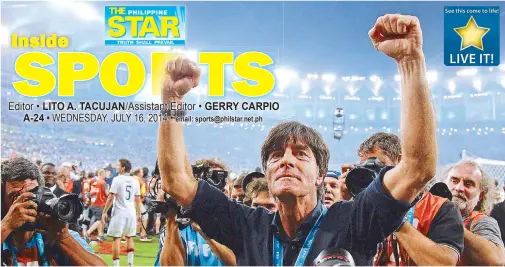  ??  ?? Coach Joachim Loew celebrates after Germany edged Argentina, 1-0, in the World Cup final at the Maracana Stadium in Rio de Janeiro, Brazil.