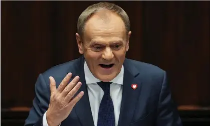  ?? ?? Donald Tusk began his speech with a scathing condemnati­on of the legacy of the PiS years. Photograph: Aleksandra Szmigiel/Reuters
