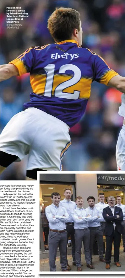  ?? Brendan Moran/ SPORTSFILE ?? Jim McDonnell of Tony McDonnel Menswear kitted the Louth team out for the Allianz League Divison 3 final in Croke Park on Saturday. Paraic Smith swerves a tackle by Brian Fox during Saturday’s National League final at Croke Park.