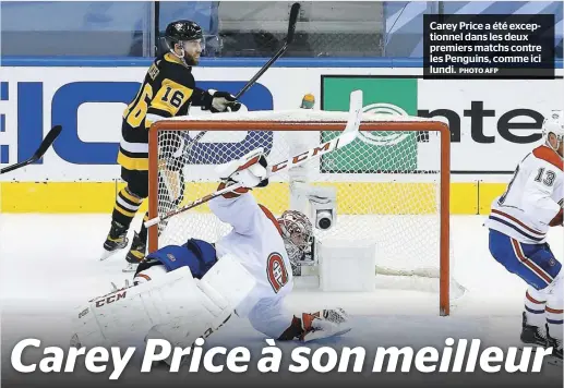  ?? PHOTO AFP ?? Carey Price a été exceptionn­el dans les deux premiers matchs contre les Penguins, comme ici lundi.