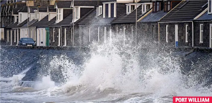  ??  ?? Tidal surge: Large waves breaking over the seafront of the Wigtownshi­re village of Port William as Storm Eleanor flooded roads along the Solway Coast yesterday PORT WILLIAM