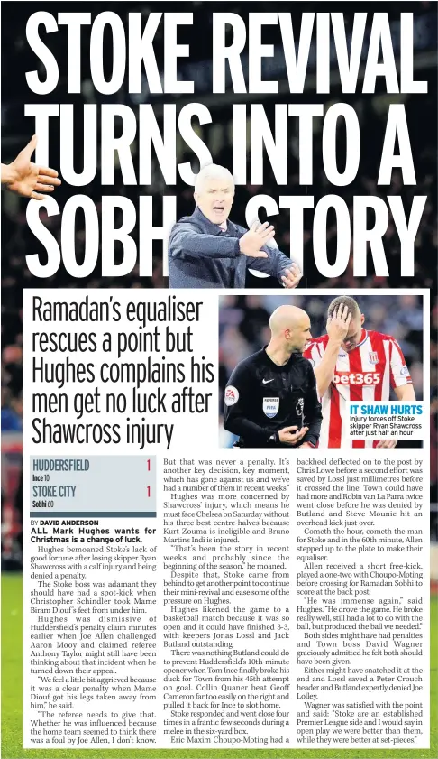  ??  ?? IT SHAW HURTS Injury forces off Stoke skipper Ryan Shawcross after just half an hour