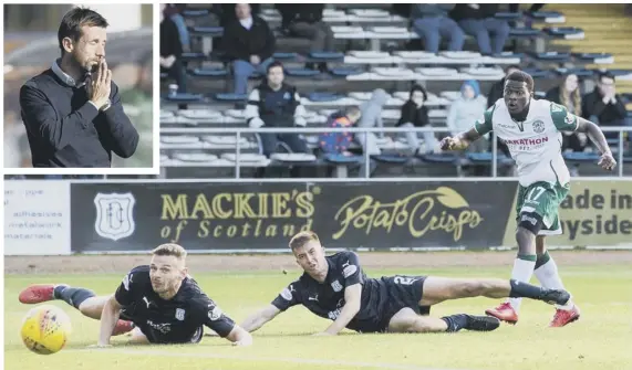  ??  ?? 2 Dundee manager Neil Mccann, inset, can’t bear to look as Thomas Agyepong’s goal rounds off a 3-0 Premiershi­p victory for Hibernian.