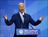  ?? ROBERT F. BUKATY ?? Democratic presidenti­al candidate former Vice President Joe Biden speaks during the New Hampshire state Democratic Party convention, Saturday, Sept. 7, 2019, in Manchester, NH.