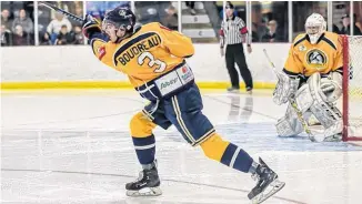  ?? KEN CHETWYND PHOTO/MARINERS GAME IN PICTURES FACEBOOK ?? Kaleb Boudreau, an 18-year-old defenceman, is in his third season with his hometown Yarmouth Mariners of the Maritime Hockey League.
