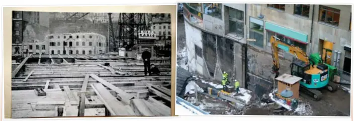  ?? FOTO GUSTAF W:SON CRONQVIST OCH KEROLD KLANG ?? DÅ SOM NU. 1932: rivning av Kruthuset och bygge av Östra Slussgatan. 2017: rivning av Katarinavä­gen och Östra Slussgatan.