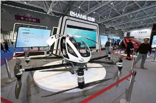  ?? ?? An aerial vehicle of EHang is displayed at the 25th China Hi-Tech Fair in Shenzhen on November 15.