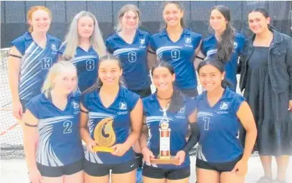  ?? Photos / Supplied ?? Te Awamutu College premier girls volleyball team — Waikato Secondary Schools Division 1 champions. Back row from right: Brooke Penny, Ciara McCullough, Baylee Pryke, Maude Rewha, Nevaeh Roberts, coach Kimiora Cooper. Front row from right: Sienna Sanders, Karlie Alexander, Georgina Rewha, Te Wehi Mareikura. Absent from photo regular team members: Amy Reid, Dayna-Azul Te Wake, Jasmin Rivera.