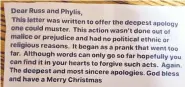  ?? COURTESY OF PHYLIS THORSON ?? This letter of apology was found along with a Nativity set that was stolen and then returned four days later.