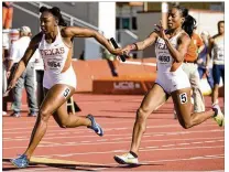  ?? JAY JANNER / AMERICAN-STATESMAN ?? UT’s Teahna Daniels (left) takes the baton from Chrissan Gordon in Friday’s 4x100-meter relay. Gordon is among five Jamaicans on this year’s Texas roster.