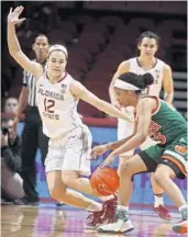  ?? PHIL SEARS/AP ?? Miami guard Adrienne Motley, right, is a two-time All-ACC pick playing her last regular-season home game today.