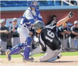  ?? JIM THOMPSON/JOURNAL FILE ?? Volcano Vista and Dillon Gassoway (16), shown being tagged in last year’s state tourney game vs. Carlsbad, look to go deeper in 2017 postseason.