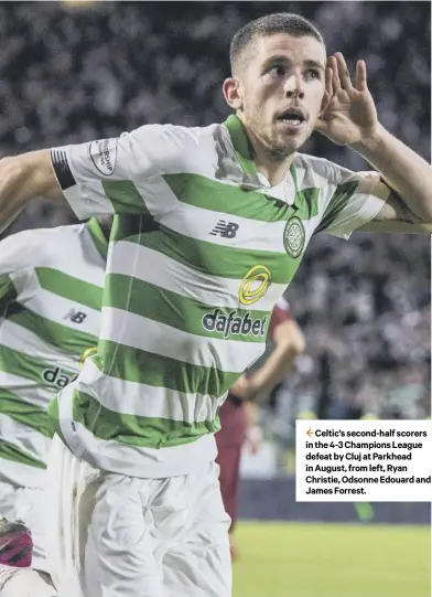  ??  ?? 2 Celtic’s second-half scorers in the 4-3 Champions League defeat by Cluj at Parkhead in August, from left, Ryan Christie, Odsonne Edouard and James Forrest.