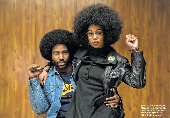  ?? David Lee / Focus Features ?? John David Washington stars as Ron Stallworth and Laura Harrier plays Patrice in Spike Lee’s “BlacKkKlan­sman.”