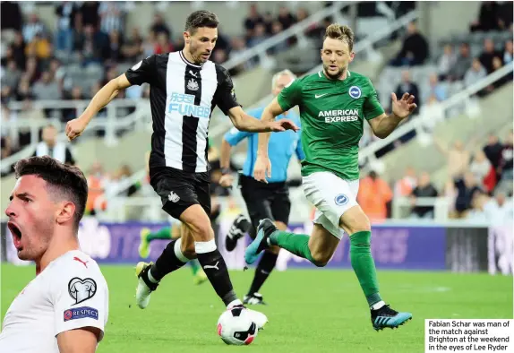  ??  ?? Fabian Schar was man of the match against Brighton at the weekend in the eyes of Lee Ryder