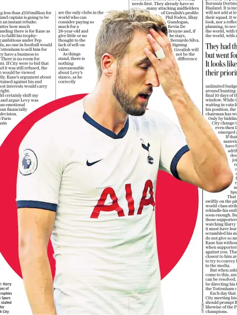  ??  ?? Scrambled: Harry Kane’s hopes of pursuing trophies away from Spurs have been stalled by a transfer battle with City