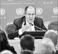  ??  ?? Lavrov speaks to reporters at the United Nations in New York. — AFP photo