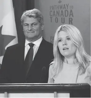  ?? SEAN KILPATRICK / THE CANADIAN PRESS ?? Treasury Board critic Gérard Deltell and Opposition immigratio­n critic Michelle Rempel at their press conference in Ottawa on Wednesday.
