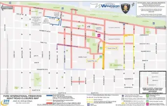  ?? CITY OF WINDSOR/POSTMEDIA NEWS ?? This map shows the road closures for Monday night’s big fireworks show.