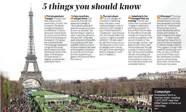  ?? AFP ?? Campaign Protesters form a human chain reading ‘+3°C SOS’ near the Eiffel Tower in Paris on Saturday.