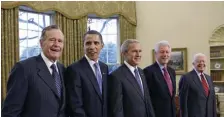  ?? AP FILE ?? THE GANG’S ALL HERE: Former President George H.W. Bush, left, joins, from left, then President-elect Barack Obama, President George W. Bush, former President Bill Clinton and former President Jimmy Carter in the Oval Office at the White House in Washington, on Jan. 7, 2009.