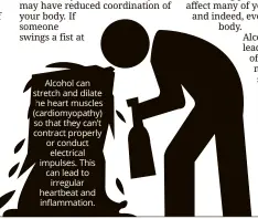  ??  ?? alcohol can stretch and dilate the heart muscles ( cardiomyop­athy) so that they can’t contract properly or conduct
electrical impulses. This can lead to
irregular heartbeat and inflammati­on.