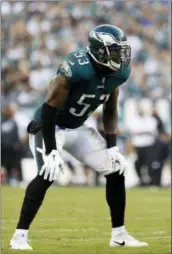  ?? WINSLOW TOWNSON — THE ASSOCIATED PRESS ?? Eagles linebacker Nigel Bradham played nearly an entire game with a broken thumb that required surgery afterward. The Eagles are fighting for a playoff spot and they needed their best linebacker. Bradham plans to be out there again when the Eagles (5-6) host the Washington Redskins (6-5) on Monday night in an important NFC East matchup.