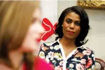  ?? ASSOCIATED PRESS FILE PHOTO ?? Omarosa Manigault Newman, then an aide to President Donald Trump, watches Feb. 14, 2017, during a meeting with parents and teachers in the Roosevelt Room of the White House in Washington. The White House is slamming a new book by ex-staffer Manigault Newman, calling her “a disgruntle­d former White House employee.”