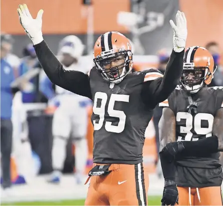  ?? KEN BLAZE/ USA TODAY SPORTS ?? Browns defensive end Myles Garrett ( 95) has the support of his team heading into Sunday and his first meeting with the Steelers since an ugly on- field incident last season.