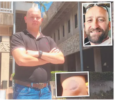  ??  ?? SLAP ON WRIST: Former security guard Luke Colebrook was disappoint­ed that mental health nurse John Richard Elliot ( top right) received immediate release in Townsville District Court. Elliot bit Mr Colebrook ( inset) during an altercatio­n outside a nightclub.