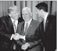  ??  ?? With Vice President Mike Pence stuck in the middle, President Donald Trump (left) shakes hands with House Speaker Paul Ryan on Jan. 26. Trump will speak to Congress at 8 p.m. today.