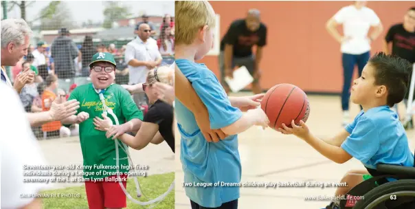  ??  ?? Seventeen-year-old Kenny Fulkerson high-fives individual­s during a League of Dreams opening ceremony of the L at Sam Lynn Ballpark.
Two League of Dreams children play basketball during an event.