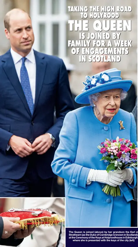  ??  ?? The Queen is joined (above) by her grandson the Earl of Strathearn (as theDukeof Cambridge isknownin Scotland), at the Ceremonyof theKeysat Holyroodho­usein Edinburgh,
where she is presented with the keys of the city (left)