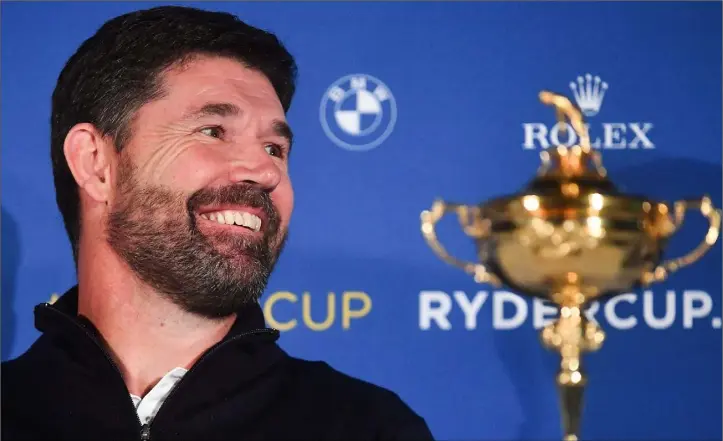  ?? Photos: Sportsfile ?? Padraig Harrington with the Ryder Cup trophy during last week’s press conference where he was announced as Europe captain for the 2020 match at Whistling Straits.