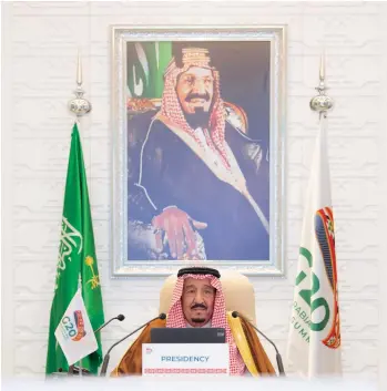  ??  ?? On November 21, 2020, King Salman of Saudi Arabia, which holds G20 rotating presidency, attends Session I of the 15th G20 Leaders’ Meeting via video-link in Riyadh, Saudi Arabia.