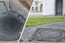  ?? FOTOS: STADT LAUPHEIM/CHRE ?? Am Schloss Großlauphe­im sind die Stadtplane­r bei ihrer Suche nach Leitungen auf einen alten Brunnen der Schlossbra­uerei gestoßen.