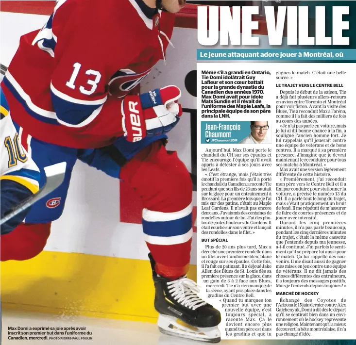  ?? PHOTO PIERRE-PAUL POULIN ?? Max Domi a exprimé sa joie après avoir inscrit son premier but dans l’uniforme du Canadien, mercredi.