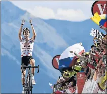  ?? Picture: AFP ?? TRIUMPH: France’s Warren Barguil, wearing the best climber’s polka dot jersey, celebrates as he crosses the finish line at the end of the 179.5km 18th stage of the 104th edition of the Tour de France yesterday between Briancon and Izoard in the French...