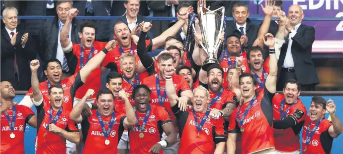  ?? Picture: Getty Images ?? REIGNING CHAMPS. Saracens players celebrate after beating Clermont Auvergne in the final to win the European Rugby Champions Cup at Murrayfiel­d on May 13 this year.