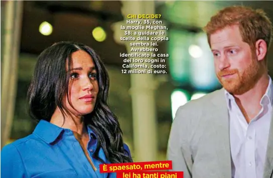  ??  ?? CHI DECIDE? Harry, 35, con la moglie Meghan, 38: a guidare le scelte della coppia sembra lei. Avrebbero identifica­to la casa dei loro sogni in California, costo: 12 milioni di euro.