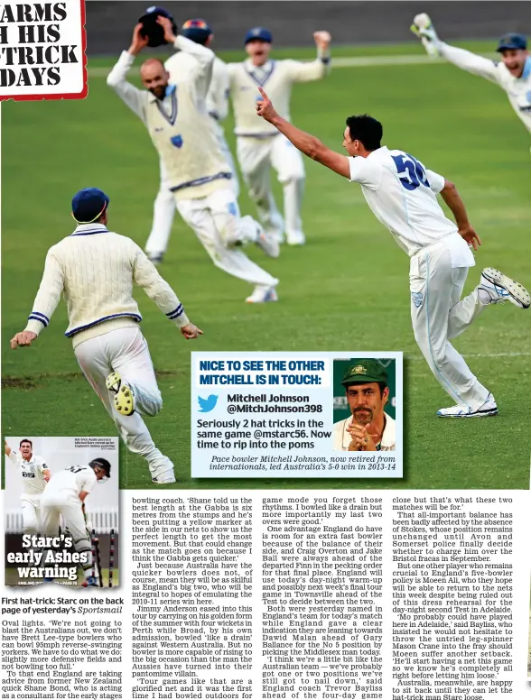  ??  ?? First hat-trick: Starc on the back page of yesterday’s Sportsmail