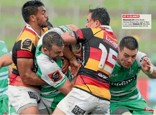  ?? GETTY IMAGES ?? Manawatu’s Kurt Baker wrestles for control of the ball with Waikato fullback Zac Guildford in Hamilton yesterday.