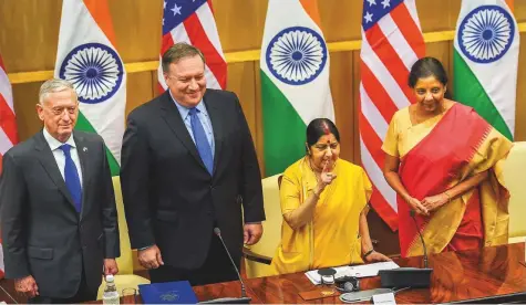  ?? PTI ?? External Affairs Minister Sushma Swaraj, Defence Minister Nirmala Sitharaman, US Secretary of State Mike Pompeo and US Secretary of Defence James Mattis at a joint press conference after the signing of the communicat­ions pact in New Delhi.