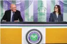  ?? Photograph: AELTC/Andrew Baker/PA ?? The AELTC chairman, Ian Hewitt, and chief executive, Sally Bolton, defend the player ban at Wimbledon on Tuesday.