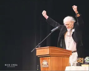  ?? Contribute­d / Northwest Connecticu­t Arts Council / Nick Cinea / ?? Tim Prentice cheers as he's honored at the annualCult­ureMAX Awards in 2017