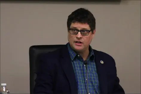  ?? CAMERON MORSBERGER — LOWELL SUN ?? Littleton Select Board Chair Matthew Nordhaus responds to a question during a candidates’ night at Town Hall, April 26, 2023.