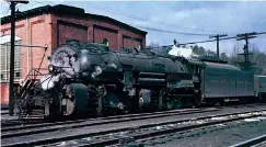  ??  ?? Also on March 2, 1957, N&W Y6 2145 has just arrived at the roundhouse to be serviced and turned. The 2-8-8-2 will likely depart on scheduled time freight No. 88 at 3:05 p.m.