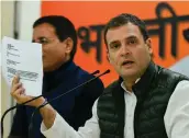  ?? — PTI ?? Congress president Rahul Gandhi addresses a press conference at AICC office in New Delhi on Tuesday.