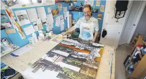  ?? CODIE MCLACHLAN ?? Mark Henderson, who goes by “Hende,” meshes photograph­y and acrylic paints to create collages of the downtown.